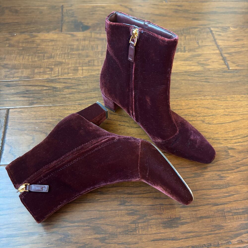 Lauren Ralph Lauren Willa Velvet Booties Burgundy Ankle Boots Side Zip Heel Sz 6